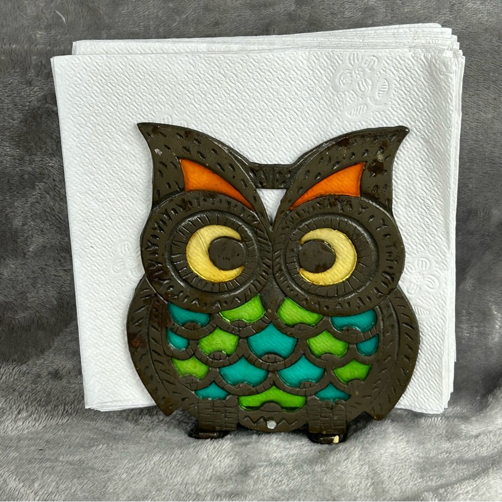 Vintage 1970's Stained Glass Cast Iron Owl‎ Napkin Holder Suncatcher Style Retro